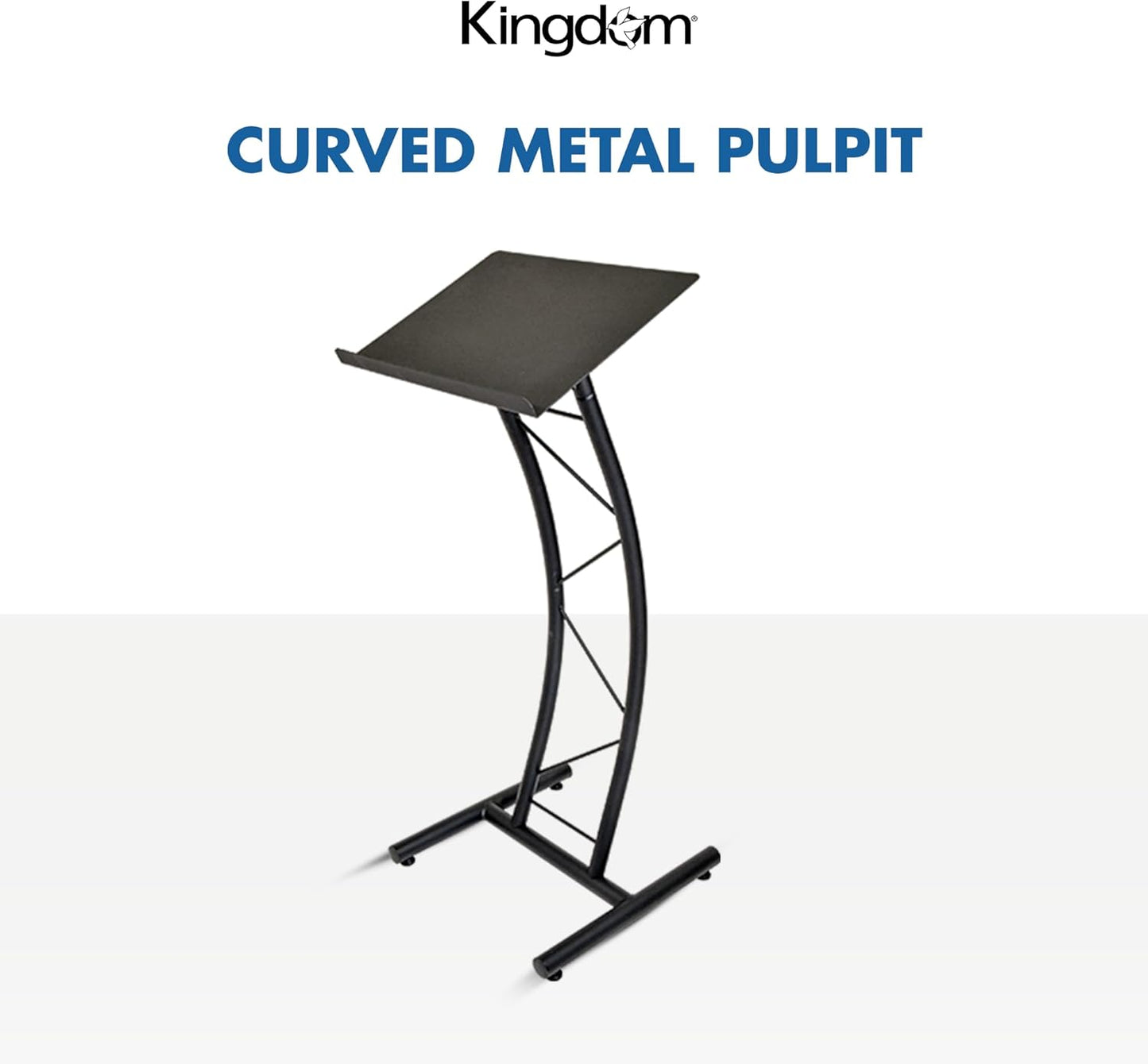 Kingdom KML8CB All Metal-Constructed Curved Lectern with “H” Style Base, Stand up Church Pulpit, Slanted Lectern, Conference Podium for Speakers, Speeches, Other Occasions, Powder Coat Finish Black