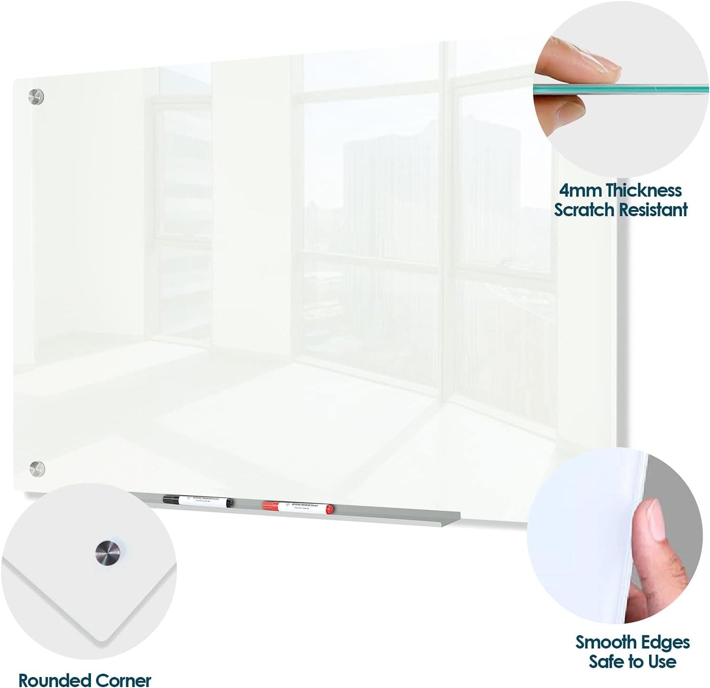 J&J worldwide Glass Whiteboard 47"x35", Magnetic White Board Glass Dry Erase Board Large Frameless Glass White Board for Office, Home & School with Marker Tray & Markers