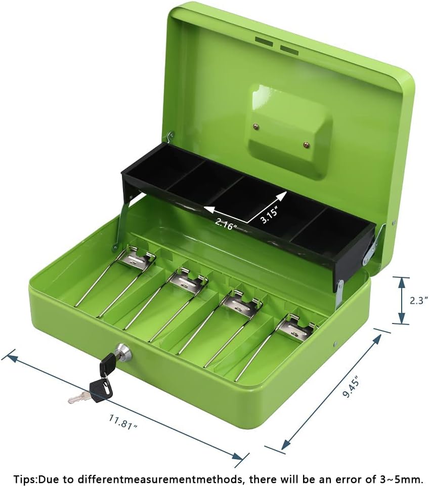 KYODOLED Locking Cash Box with Lock,Money Box with Cash Tray,Lock Safe Box with Key Money Saver,Money Saving Organizer,11.81Lx 9.45Wx 3.54H Inches,Limegreen XL Large