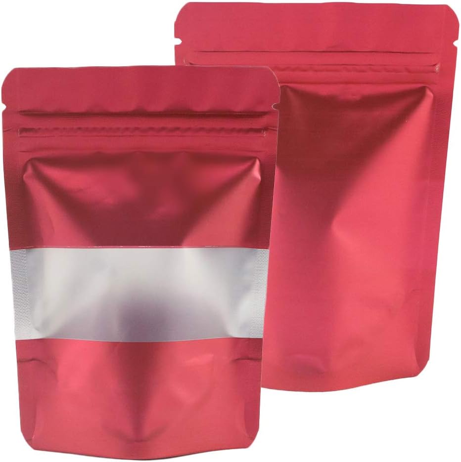 4CP 100 Pcs Red Zipper Smell Proof Bags with Window, 7.0x10.5 Inch Stand Up Foil Pouches for Food Selfsealing Storage, Reusable Bag for Packaging Small Business, Cookies, Nunt, Candy