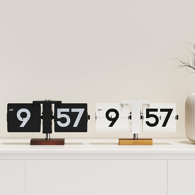 mooas Classic Modern Wood Big Flip Desk Clock, Retro Vintage Analog Design Auto - Image 6