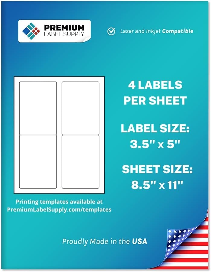 Premium Label Supply White Sticker Mailing/Shipping Labels – 3.5" x 5" – Laser/Inkjet Compatible – (4 per Sheet), 100 Sheets - 400 Total Adhesive Labels