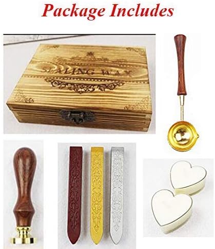 Vintage Customize Personalized Custom Wedding Monogram Initials Wax Seal Stamp Kit Wooden Handle Spoon Stick Wood Gift Box Set Wedding Invitation Gift Wrap Custom Words Sealing Wax Seal Stamp Set