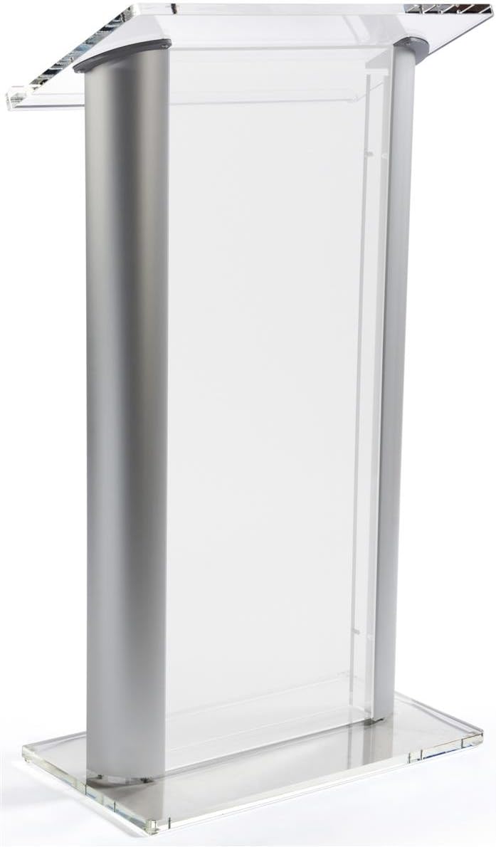 Displays2go Acrylic Podium with Frosted Panel, Modern Church Lectern, Rubber Feet - Clear with Silver (LECTALACF)