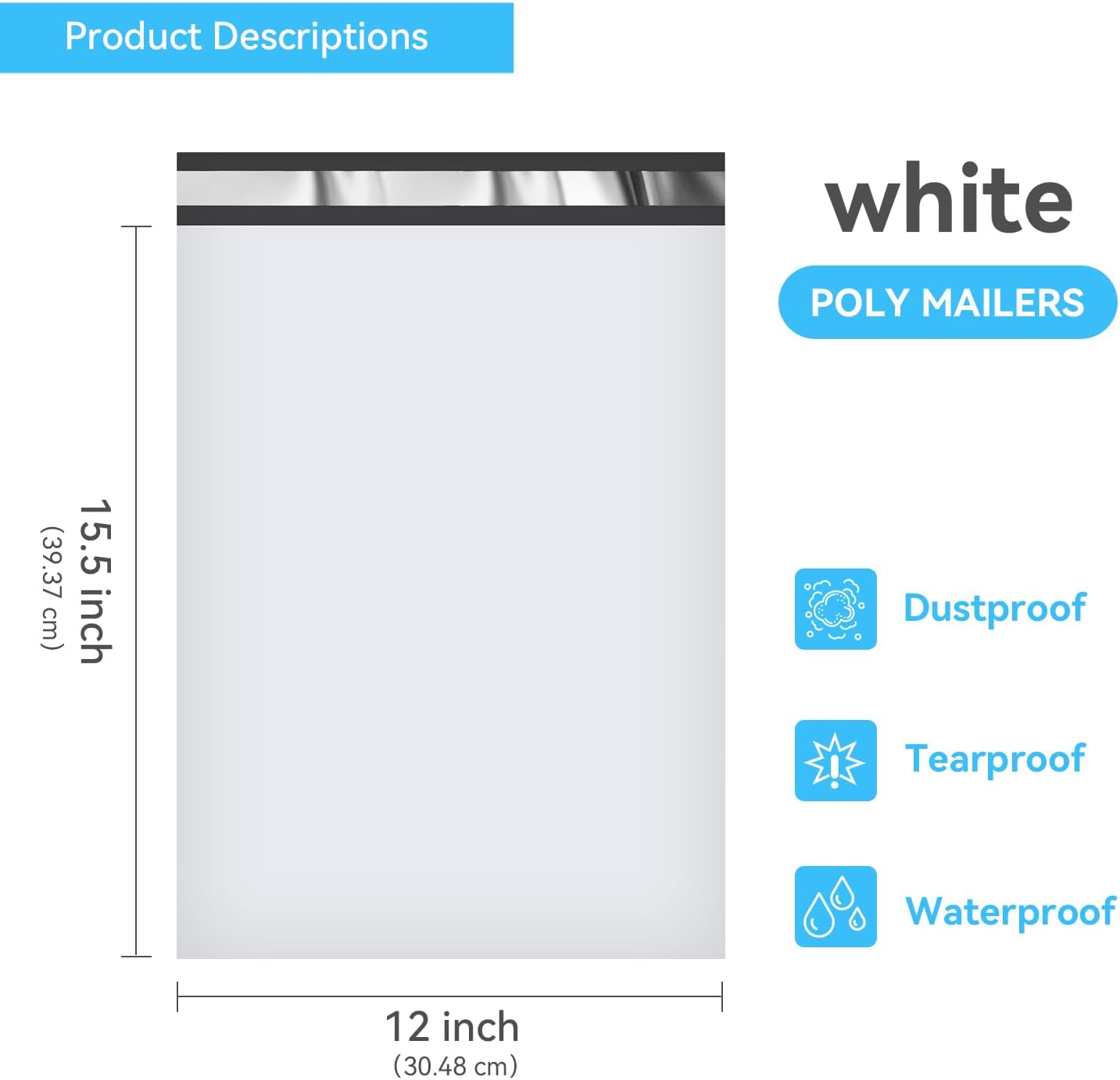 200PCS Poly Mailers 12 x 15.5 Inch, 2 Mil 5 Layer Waterproof Shipping Bags for Mailing, Clothing, Books and Package, Strong Adhesive Self Sealing Postal Envelopes for Small Business, White
