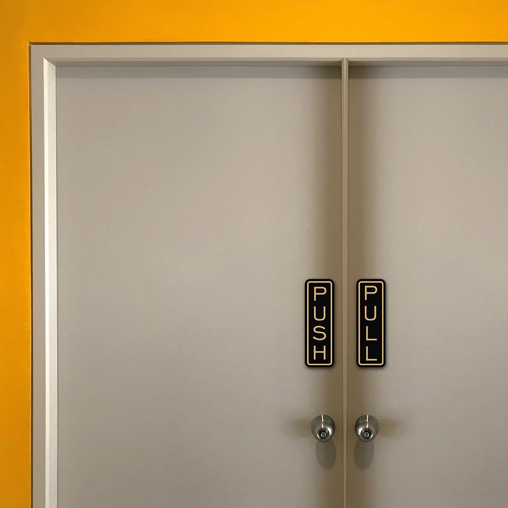 All Quality Classic Vertical Push Pull Door Signs - Great for Glass Doors | Professional Looking Signs | Easy Installation Includes Double-Sided Foam Adhesive Tape (Black) - Large (1 Pack)