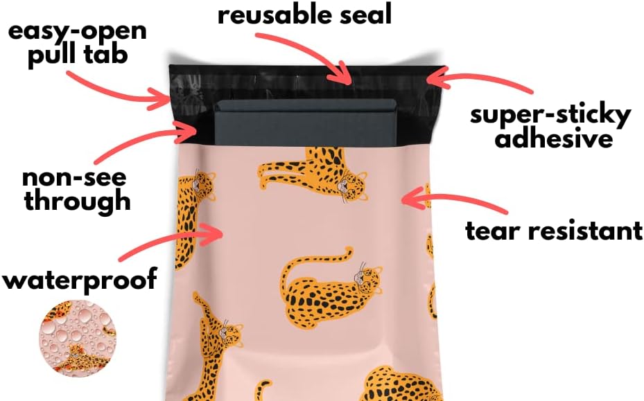 Poly Mailers 10x13 100 Pack | Self-Sealing Shipping Bags Envelopes for Small Business | Waterproof Durable Packaging | Strawberry Safari | Pink Cheetah Animal | à la mode Mailers