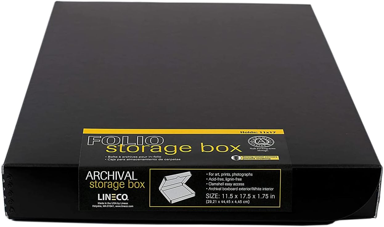 Lineco Folio Storage Box, Clamshell Design with Metal Edge. 11.5x17.5x1.75 Inches, Archival Boxboard, Preserve Photos, Cards, Magazines, Documents, Art, Ephemera, Family Records, Black, Pack of 2