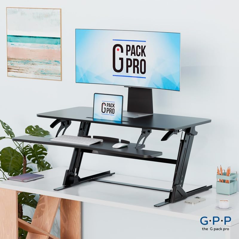 Standing Desk Converter – 42" Wide Stand Up Desk Riser – Quick Sit to Stand Tabletop Dual Monitor Workstation – Height Adjustable Up to 17.3" – Black