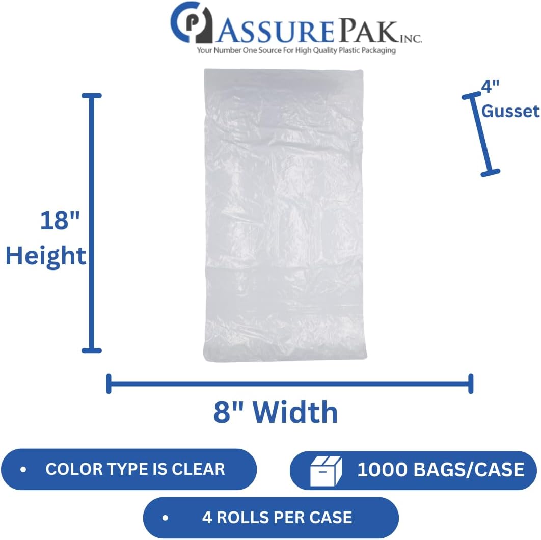 LDPE Clear Poly Bags on a Roll - 1000 Bags - 8"x4"x18" - 1.0 Mil Thickness - Ideal for Food Storage: Meat, Beans, Cookies, Bakery, Grocery Needs, and Small Business Packaging - Natural Color