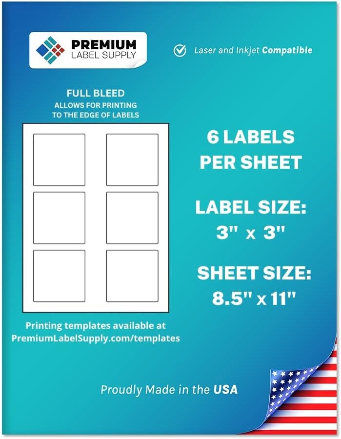 Premium Label Supply White Sticker Square Labels – 3" x 3" – Laser/Inkjet Compatible – (6 per Sheet), 25 Sheets – 150 Total Adhesive Labels