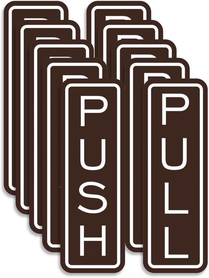 All Quality Classic Vertical Push Pull Door Signs - Great for Glass Doors | Professional Looking Signs | Easy Installation Includes Double-Sided Foam Adhesive Tape (Dark Brown) - Small (5 Pack)