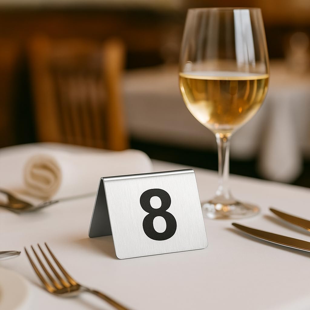 Stainless Steel Table Numbers 1-10, 2.76 x 2.76 Inch Tent Style Number Signs, Heavy-Duty Metal Table Number Cards for Restaurant, Cafe, Hotel, Large Clear Numbers, Waterproof and Rustproof
