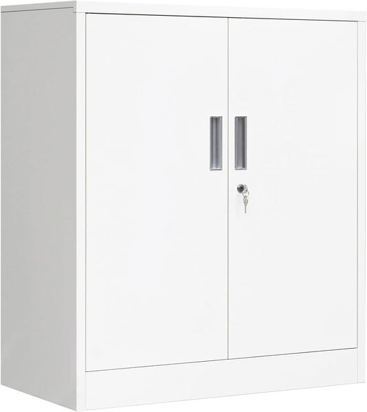 CMY Metal Storage Cabinet, Locking Storage Cabinet with Doors and Adjustable Shelves for Office, Garage, Home-White