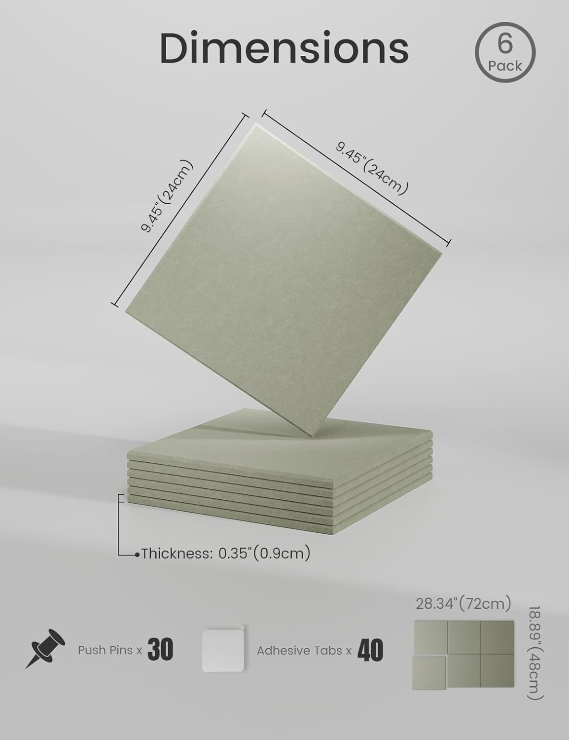 Felt Bulletin Board Tiles -28"x18" Cork Board Alternative for Office Decor, Push Pin Board Wall Organizer 6-Pack - Sage