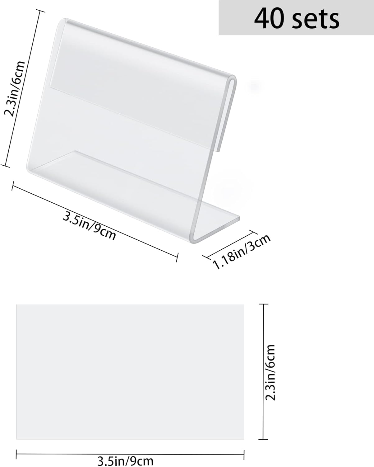 BILLIOTEAM 40pack Mini Clear Sign Display Holder with Blank Labels,3.5*2.4 Inch Horizontal Slanted L-Shape Plastic Name Card Price Card Tag Label Counter Top Stand