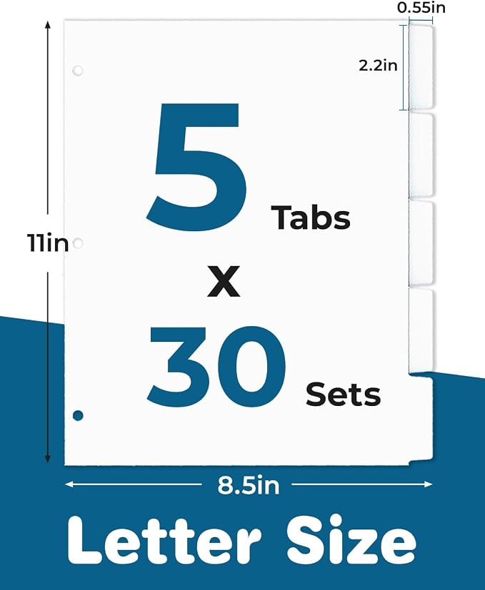 Dynta Binder Dividers for 3 Ring Binder 30 Sets, 1/5 Cut Tabs, Letter Size - Image 2