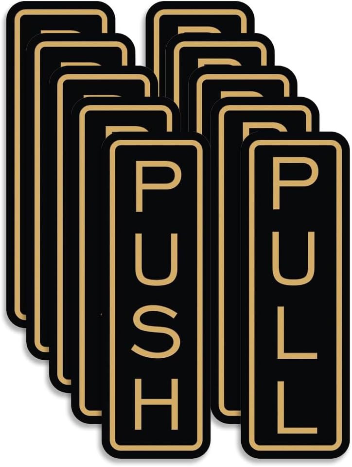 All Quality Classic Vertical Push Pull Door Signs - Great for Glass Doors | Professional Looking Signs | Easy Installation Includes Double-Sided Foam Adhesive Tape (Black/Gold) - Medium (5 Pack)