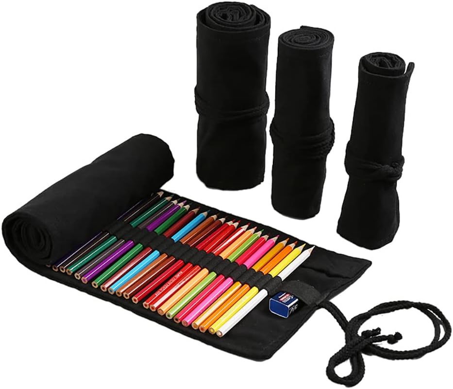 DIYOMR 24/36/72 Slots Pencil Wrap Pencil Rolls, Artist Colored Pencils Roll Up Bag Short Brushes Pouch Case Pencils Organizer for Drawing Coloring and Sketching (Black, 72slots)