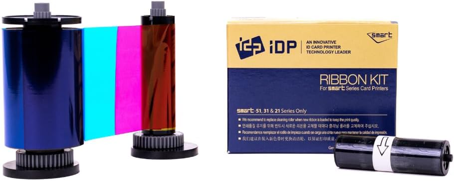 IDP Genuine SMART-31 and SMART-51 Series Card Printer Ribbon - YMCKO Color, Resin Black & Overlay Panel Ribbon w Cleaning Roller, 250 Cards/roll (Not Compatible with IDP Solid Printers)