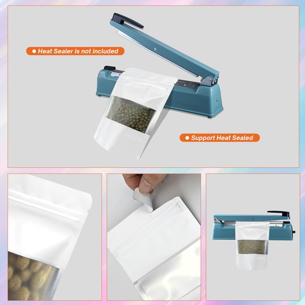 4CP 100 Pcs White Zipper Smell Proof Bags with Window, 4.7x7.9 Inch Stand Up Foil Pouches for Food Selfsealing Storage, Reusable Bag for Packaging Small Business, Cookies, Nunt, Candy