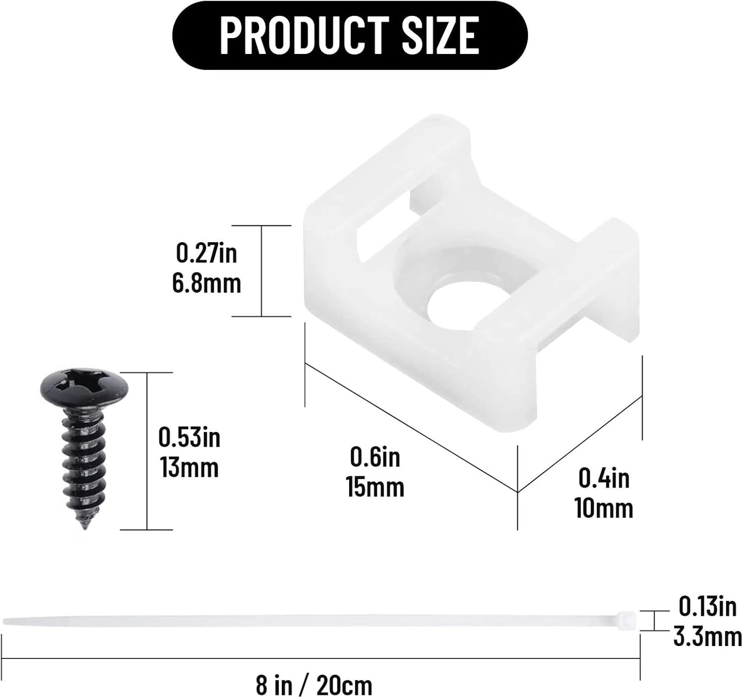 100Pcs Cable Zip Tie Mounts Kit, 0.6in Plastic Zip Ties with Screw Hole, White Zip Tie Anchors, Sturdy Zip Tie Mounting Squares Base with Tapping Screw for Wire Organizer (White, 0.6 inch)