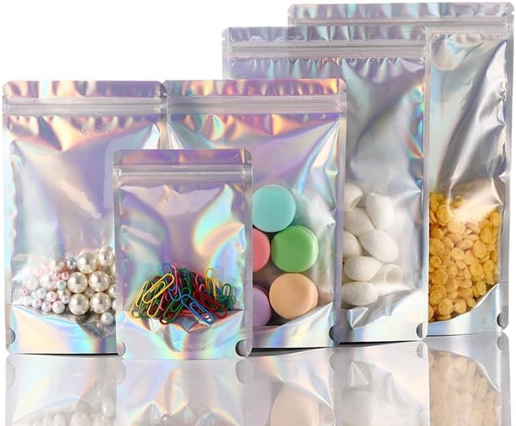 150 Pcs Mylar Bags for Food Storage, 8x12 Mylar Bag with Window Stand Up, Large Holographic Resealable Bags Smell Proof Bag Food Packaging for Small Business Freeze Dried Candy Jewelry Foil Packaging