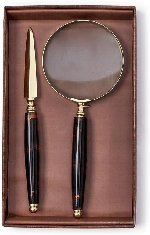 Two's Company Tortoise Swirl Magnifier with 4X Magnification and Letter Opener Set in Gift Box