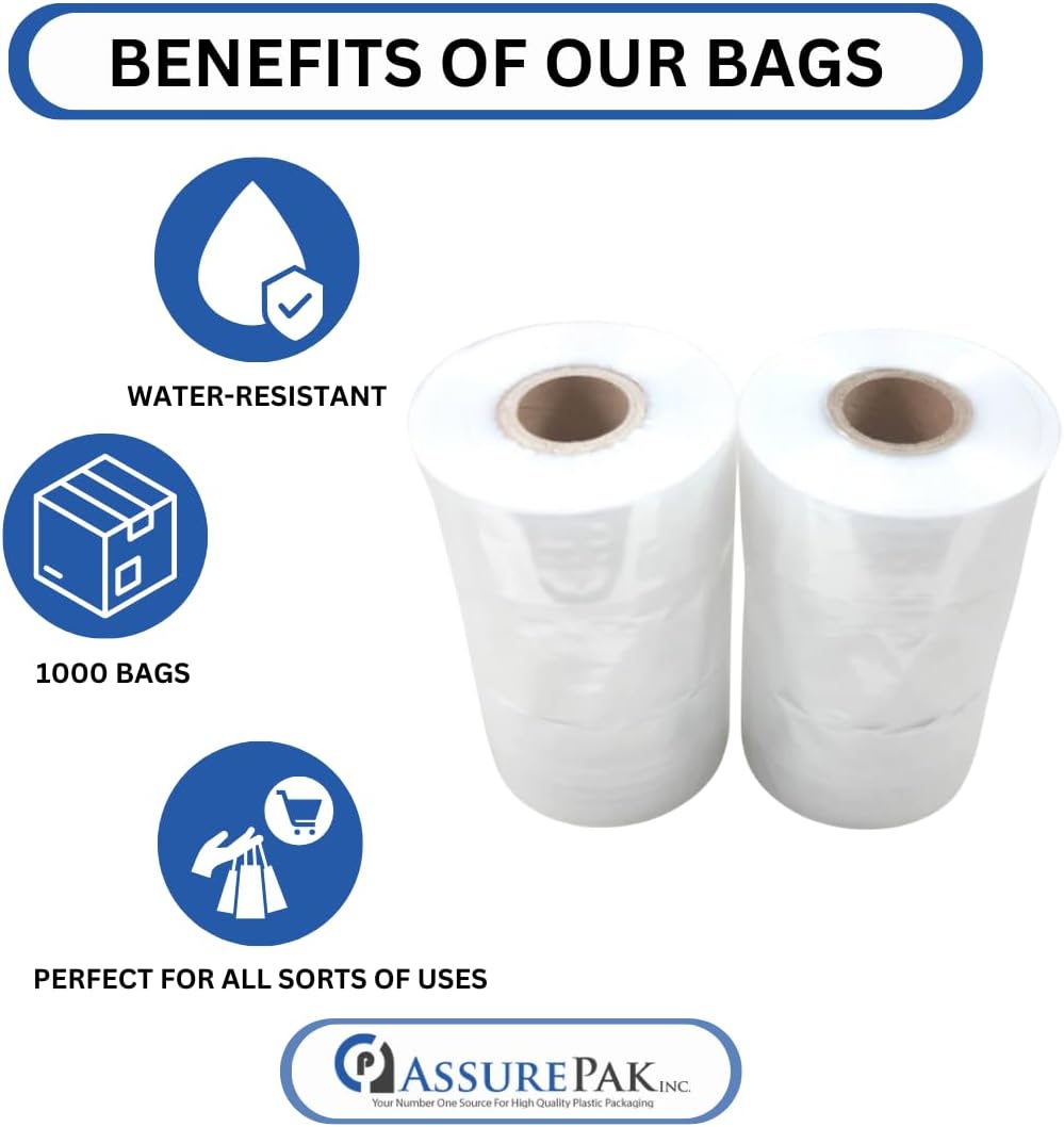 LDPE Clear Poly Bags on a Roll - 1000 Bags - 8"x4"x18" - 1.0 Mil Thickness - Ideal for Food Storage: Meat, Beans, Cookies, Bakery, Grocery Needs, and Small Business Packaging - Natural Color