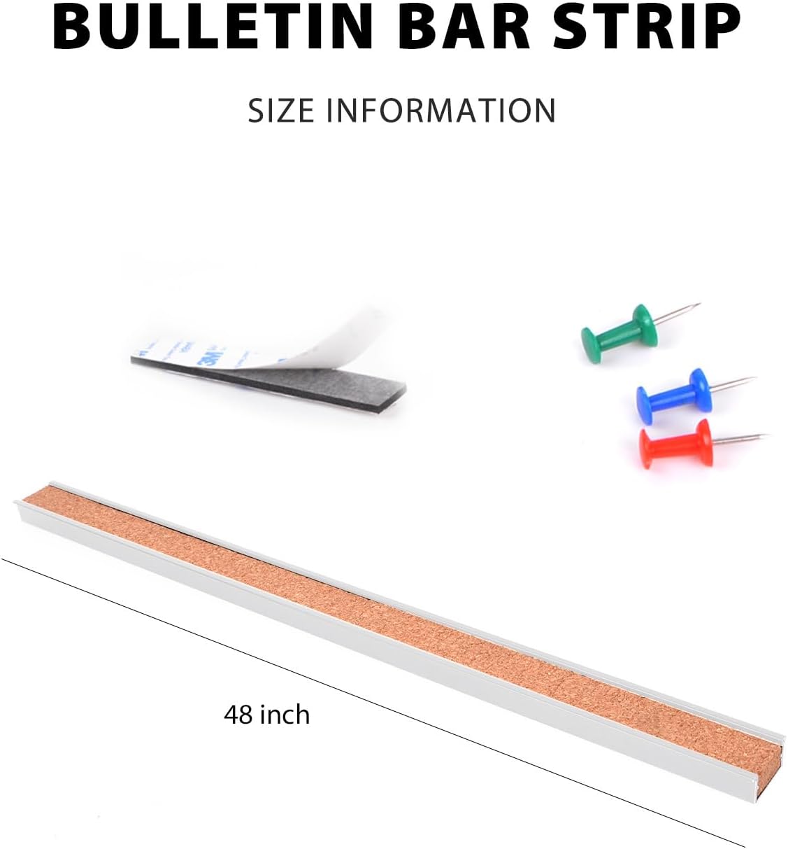 Corksidol Bulletin Bar Strip, Cork Board, Cork Strips, 48" x 1", Classroom, Office, Walls, Cubicle, Aluminum Frame,Include Pins and Adhesive Strip, 1 Pack, (Silver)