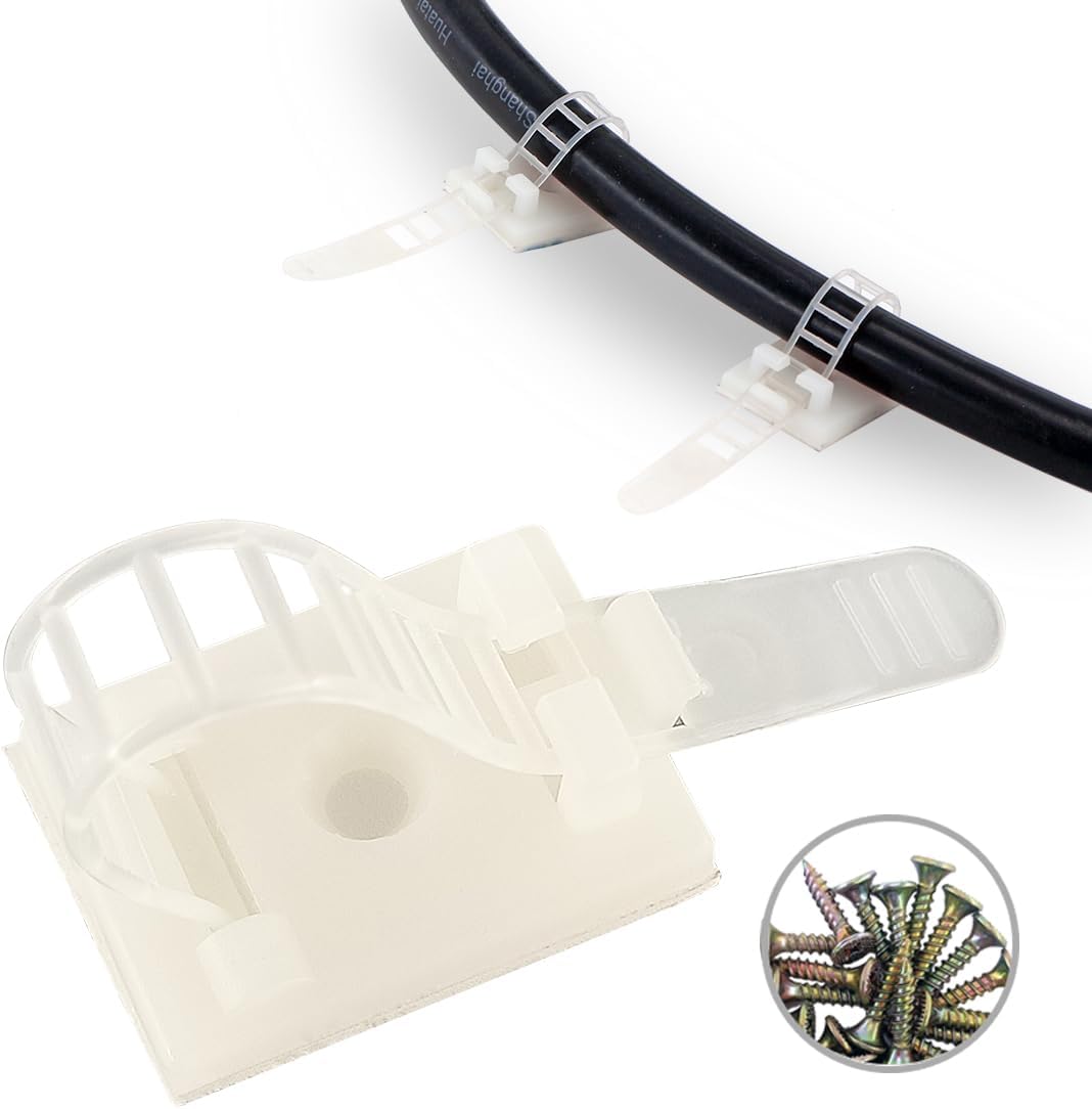 HS Wire Management Clips Clear with Screw Hole (50 Pack) Adjustable Cable Straps 3 Inch with 3M Adhesive Tape,Cable Fasteners for Christmas Lights,Desk,Wall to Hold Extension Cord
