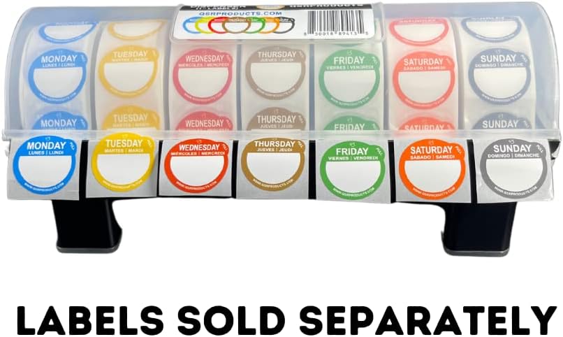 7-Slot Day of The Week Covered Label Dispenser (for 3/4" & 1" Labels) - Food Sticker Holder for Inventory Management and Meal Prep, Protects Labels Inside