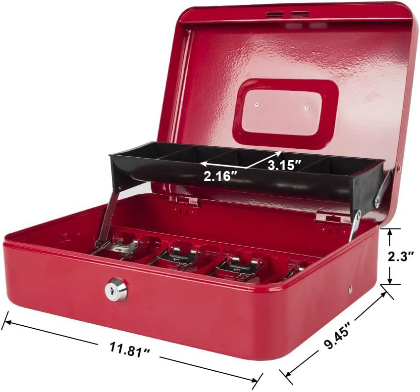 KYODOLED Locking Cash Box with Lock,Money Box with Cash Tray,Lock Safe Box with Key,Money Saving Organizer,11.81Lx 9.45Wx 3.54H Inches,Red XL Large