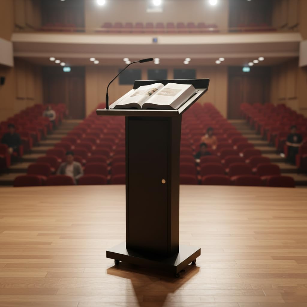 MOOFI Heavy Duty Portable Podium Stand on Wheels, Rolling Black Metal Lectern with Lockable Casters, Storage Cabinet, Mobile Presentation Stand, Pulpit for Conference Room, Church, Classrooms & Events
