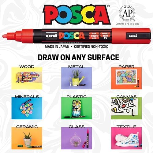 Posca Exclusive Holiday Paint Markers Gift Set of 62 with Carrying Case, Great for Children and Adults, Includes 350, 1MR, 1M, 3M, 5M, 7M, 8K, & 17K