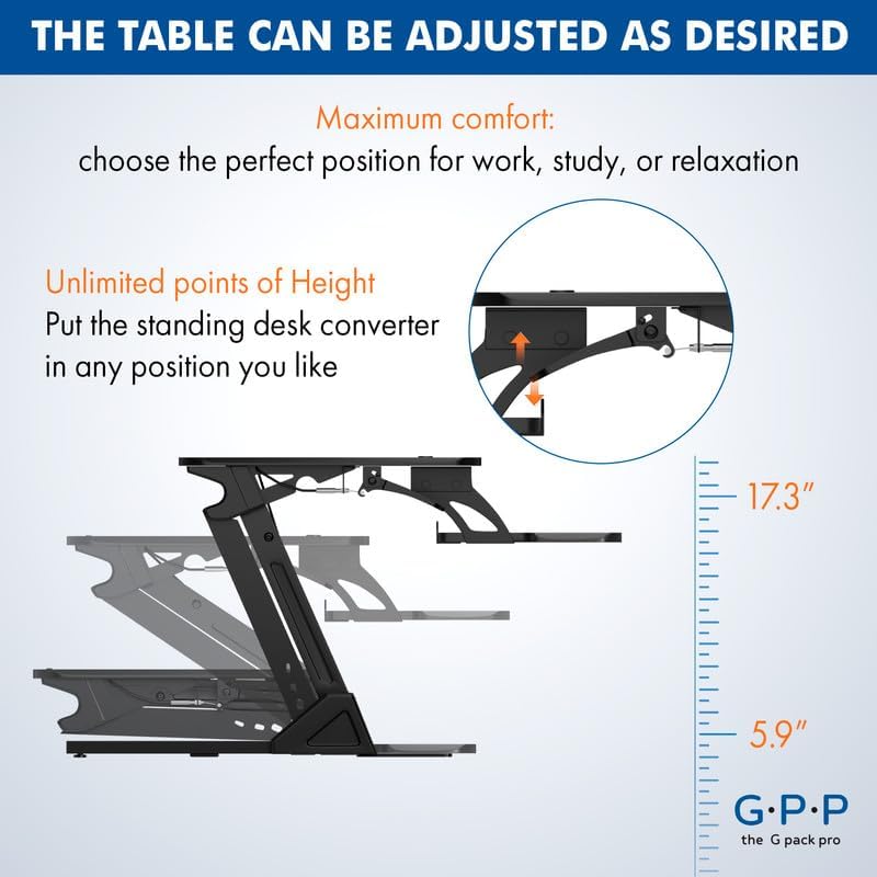 Standing Desk Converter – 42" Wide Stand Up Desk Riser – Quick Sit to Stand Tabletop Dual Monitor Workstation – Height Adjustable Up to 17.3" – Black