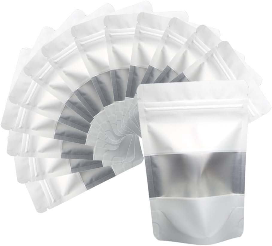 4CP 100 Pcs White Zipper Smell Proof Bags with Window, 5.5x7.9 Inch Stand Up Foil Pouches for Food Selfsealing Storage, Reusable Bag for Packaging Small Business, Cookies, Nunt, Candy
