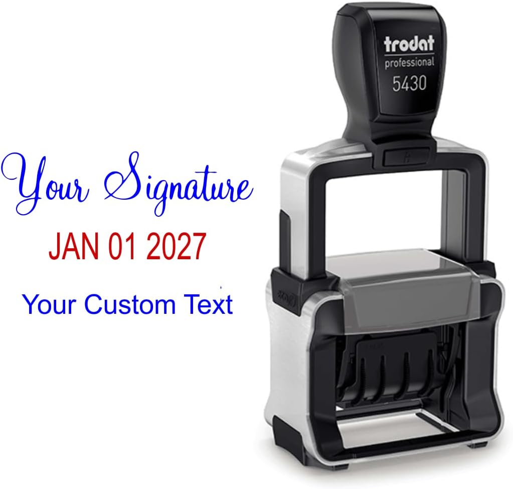 Custom Signature with Text Dater Stamp | Personalized Self-Inking Rubber Stamp with 10-Year Date Range | Blue and Red Ink Color | Professional Office Stamps
