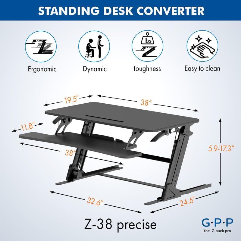 Standing Desk Converter – 38" Wide Stand Up Desk Riser – Quick Sit to Stand Tabletop Dual Monitor Workstation – Height Adjustable Up to 17.3" – Black
