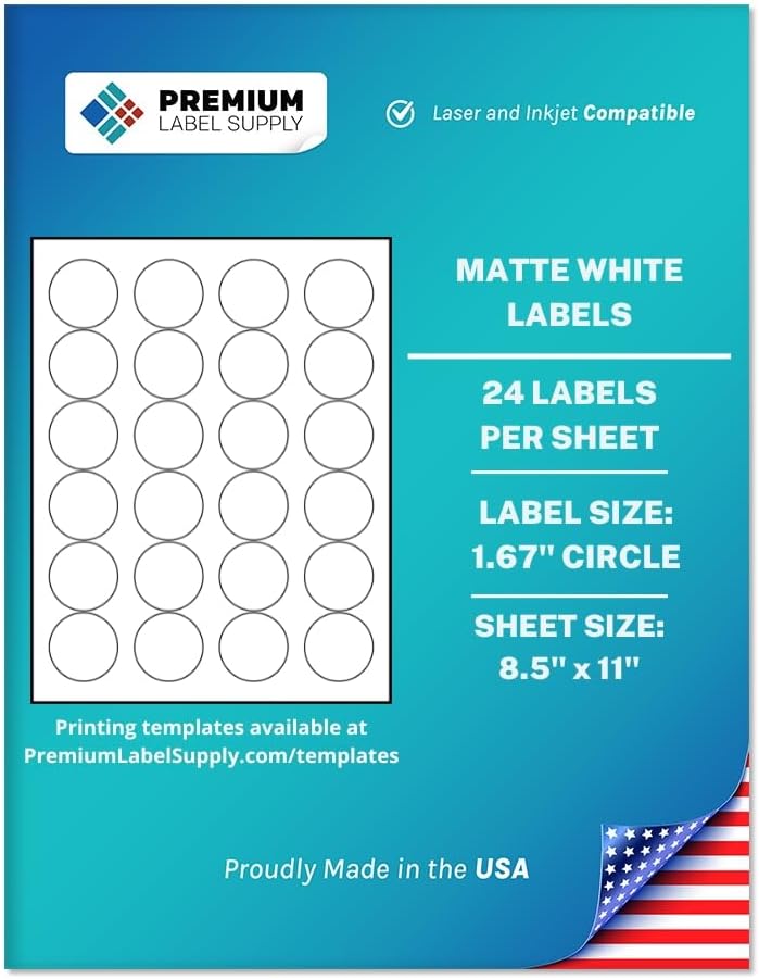 Premium Label Supply White Sticker Round Labels – 1-2/3" Circle – Laser/Inkjet Compatible – (24 per Sheet), 500 Sheets – 12,000 Total Adhesive Labels