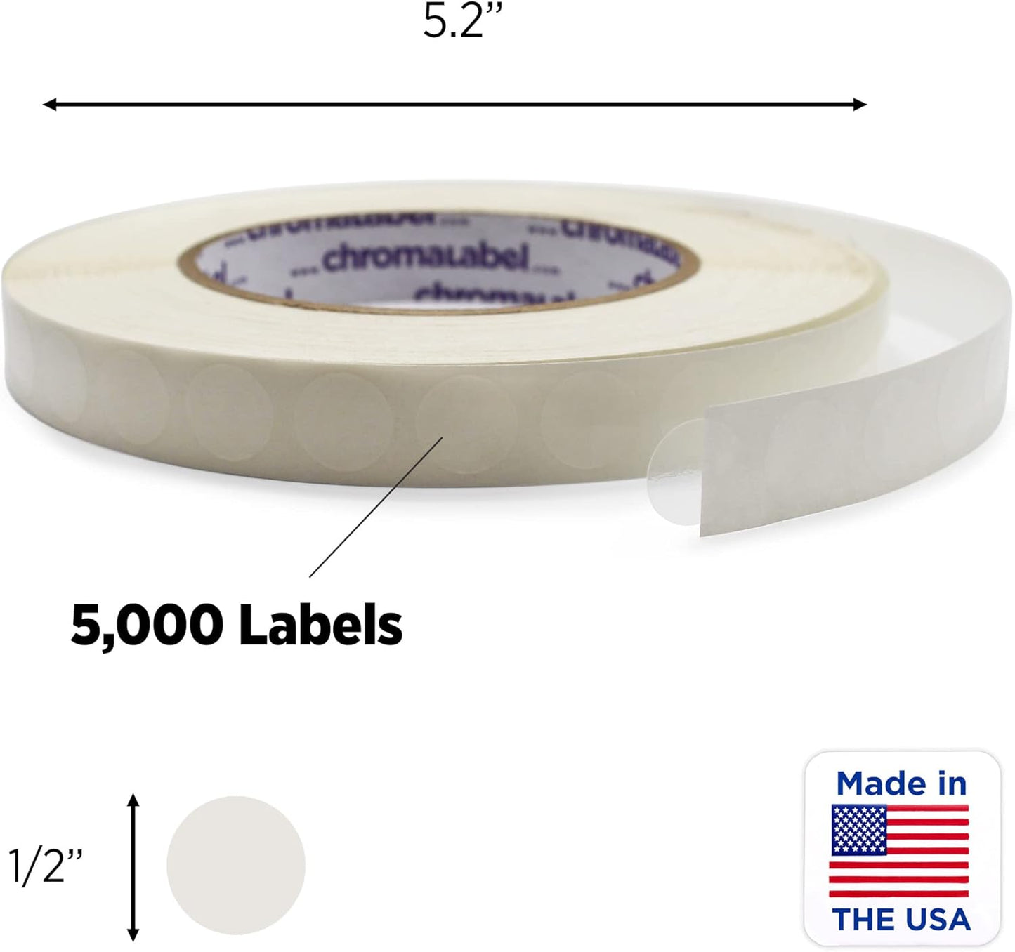 ChromaLabel 0.50 inch Round Clear Transparent Dot Stickers, 5000/Roll, Non-Perforated