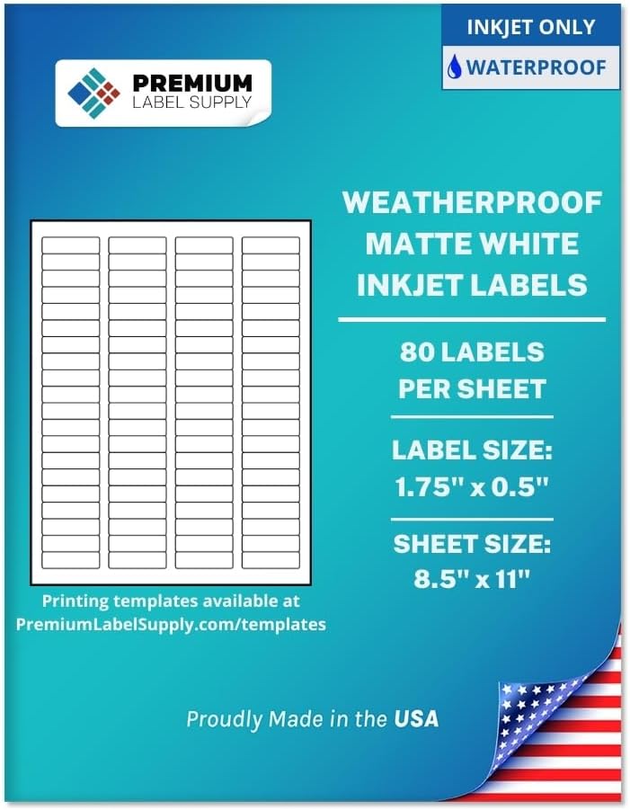 Premium Label Supply Waterproof White Return Address Sticker Labels – 1.75" x 0.5" – Inkjet Printers Only – (80 per Sheet), 10 Sheets - 800 Total Adhesive Labels
