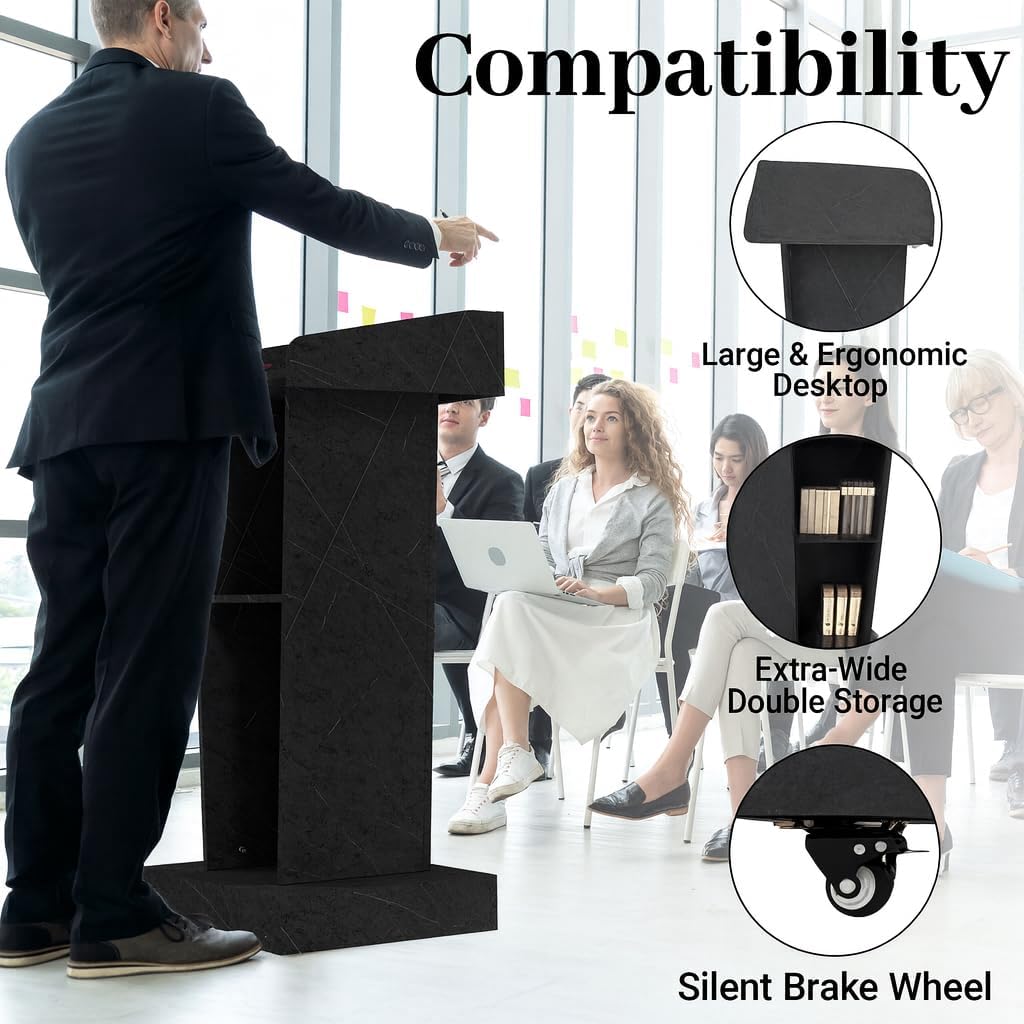 Wooden Podium Stand with Wheels, Stool and 2 Tier Storage, Lectern Presentation for Church, Classroom, Event, Stronge 16MM Wood Board Rolling Podium (Grey)