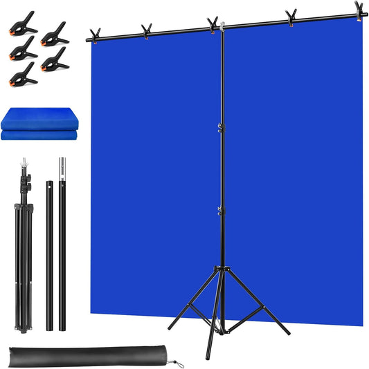 Blue Screen Backdrop Kit, Portable Bluescreen Background with T-Shaped Stand, 5 Clamps & Carrying Bag for Photography, Streaming, Zoom, Gaming, (Blue, 6.5 Feet X 5.0 Feet)