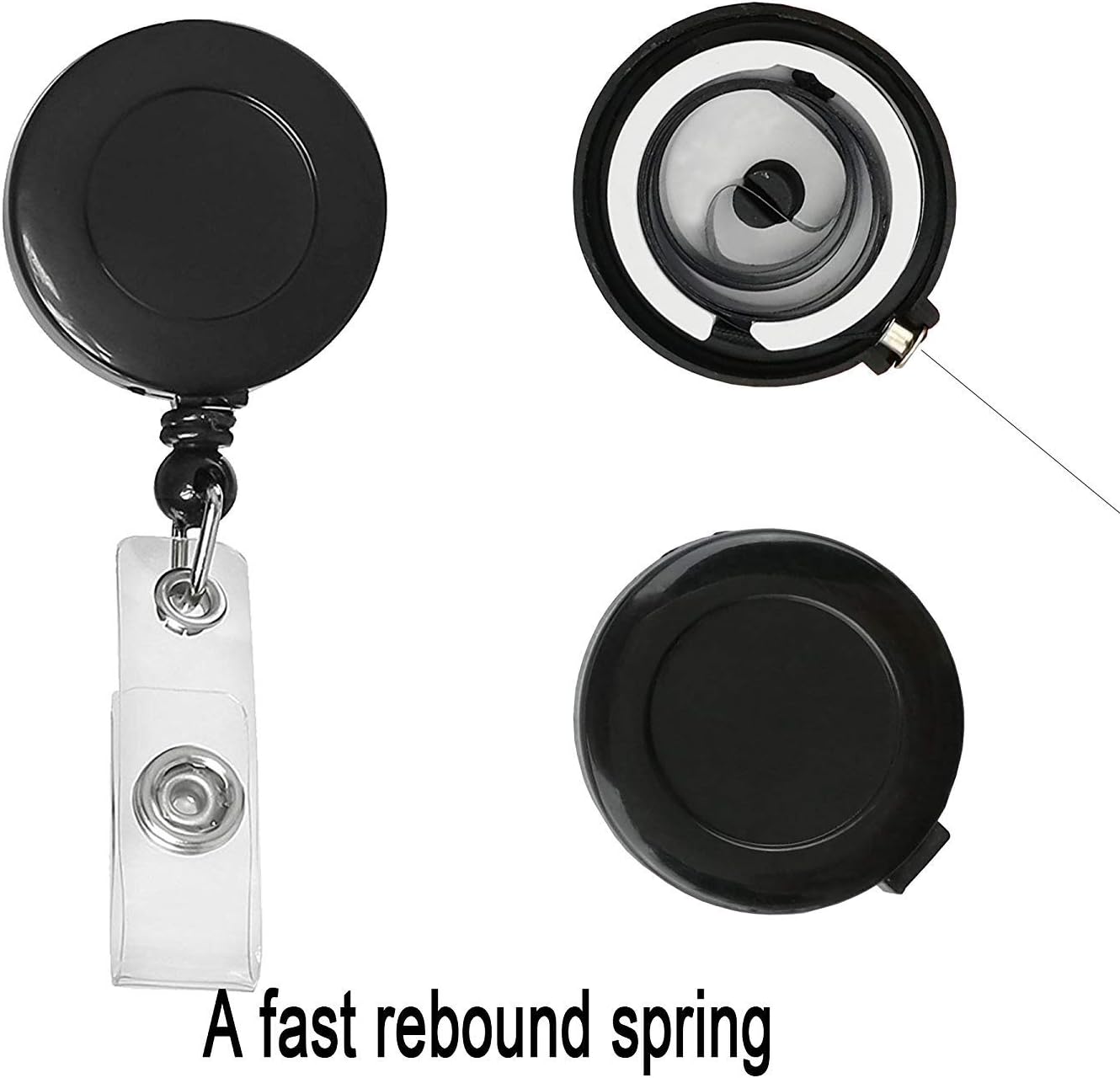 JANYUN 100 Pcs Black Badge Reels Retractable Badges Holder for ID Card Keychain Whistles Lanyards for School Office