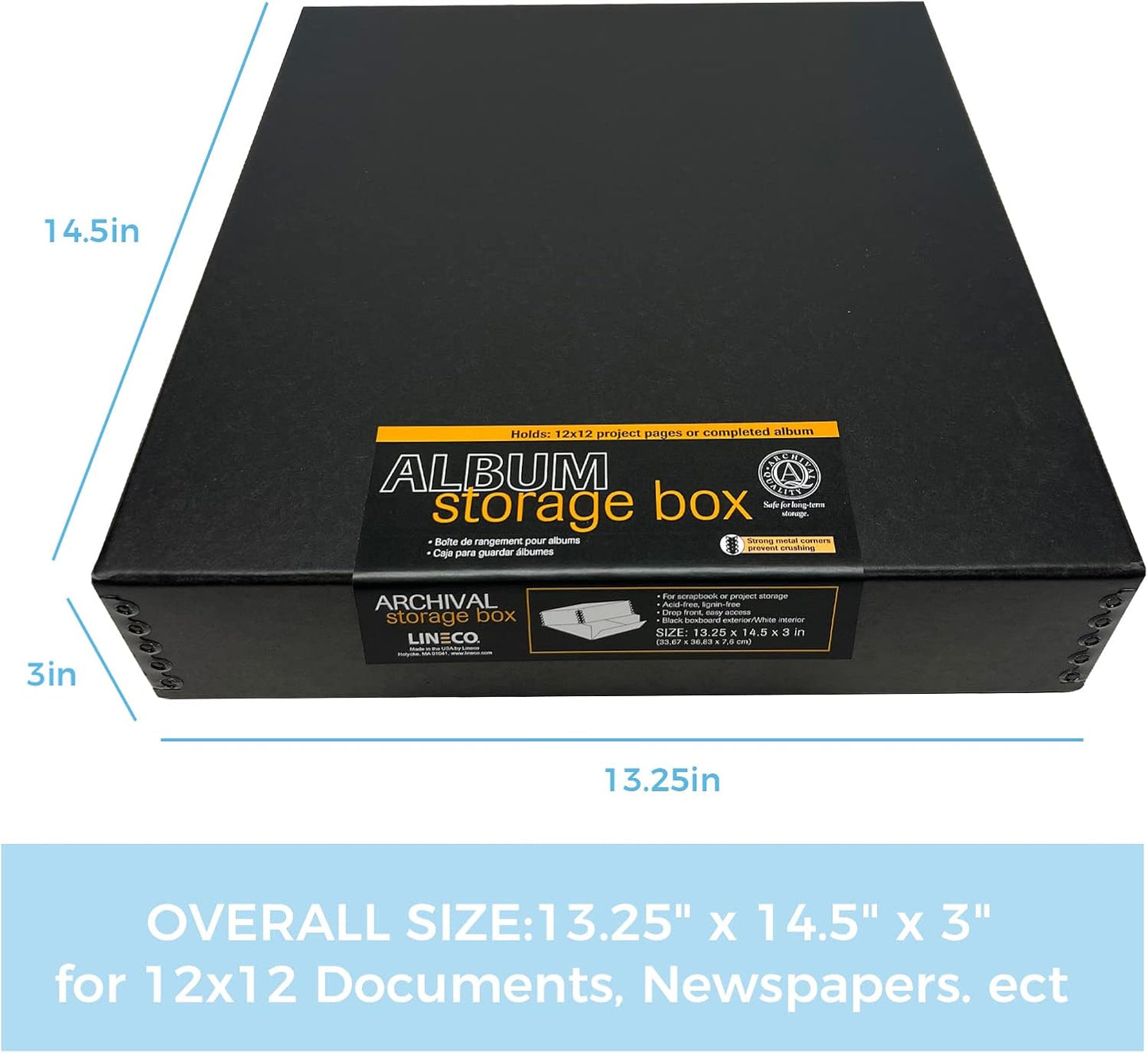 Lineco 12x12 Archival Scrapbook Storage Box, Acid Free Drop-Front Box with Removable Lid. Preserves Photos, Documents, Crafts, Cards, Magazines, Prints, Albums and Paper Projects, Black