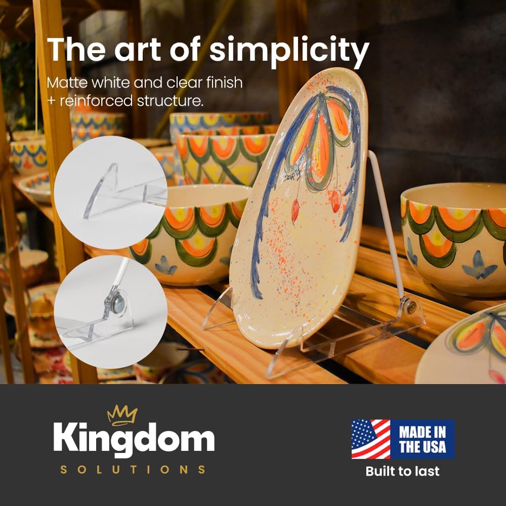 KINGDOM SOLUTIONS Made in USA 2-Pack Sturdy & Durable Adjustable White Acrylic Easels to Display Unnoticeably Plates, Art, Pictures & More - Unique on The Market