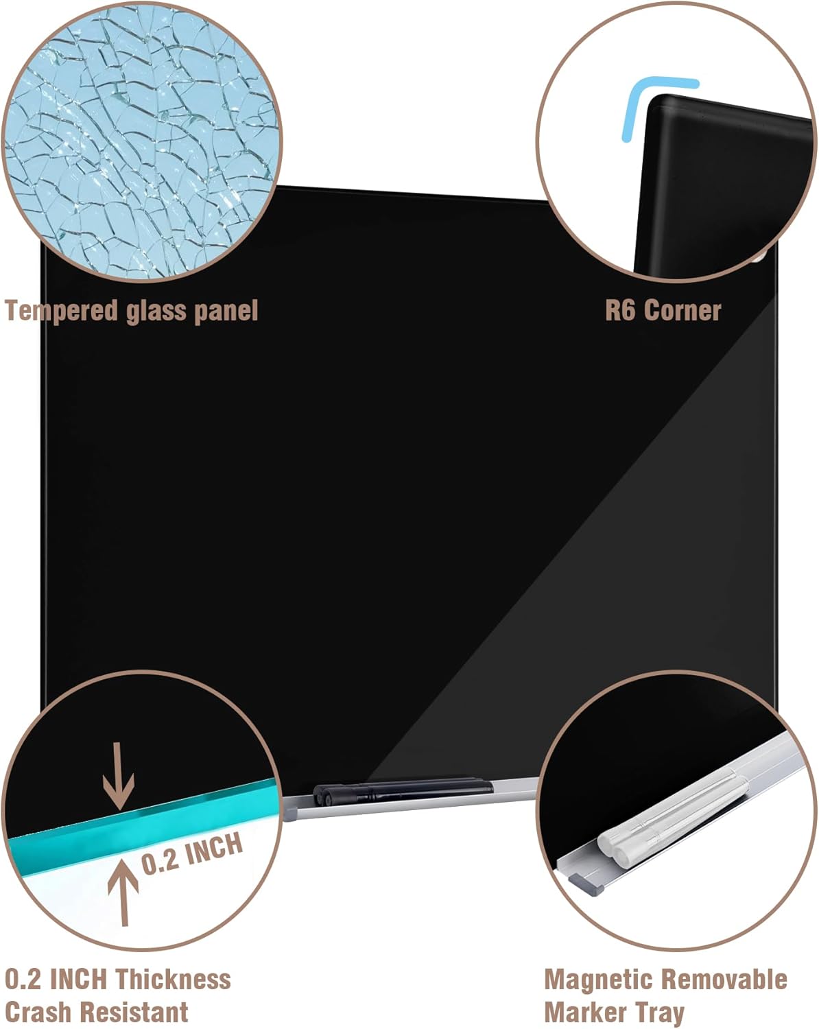 Magnetic Glass Whiteboard，48"x36" Wall Mounted Frameless Dry Erase Board for Office, Home & School Black