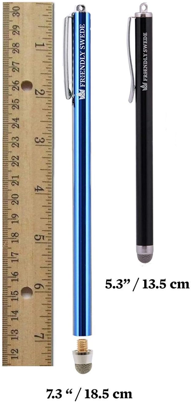 The Friendly Swede Extra Long Stylus Pen for Touchscreen — Set of 3 Micro-Knit 7.3" Capacitive Stylus Pens; 3 Replaceable Fiber Tips, 3 Elastic Lanyards & Cleaning Cloth - Purple/Dark Blue/Light Blue
