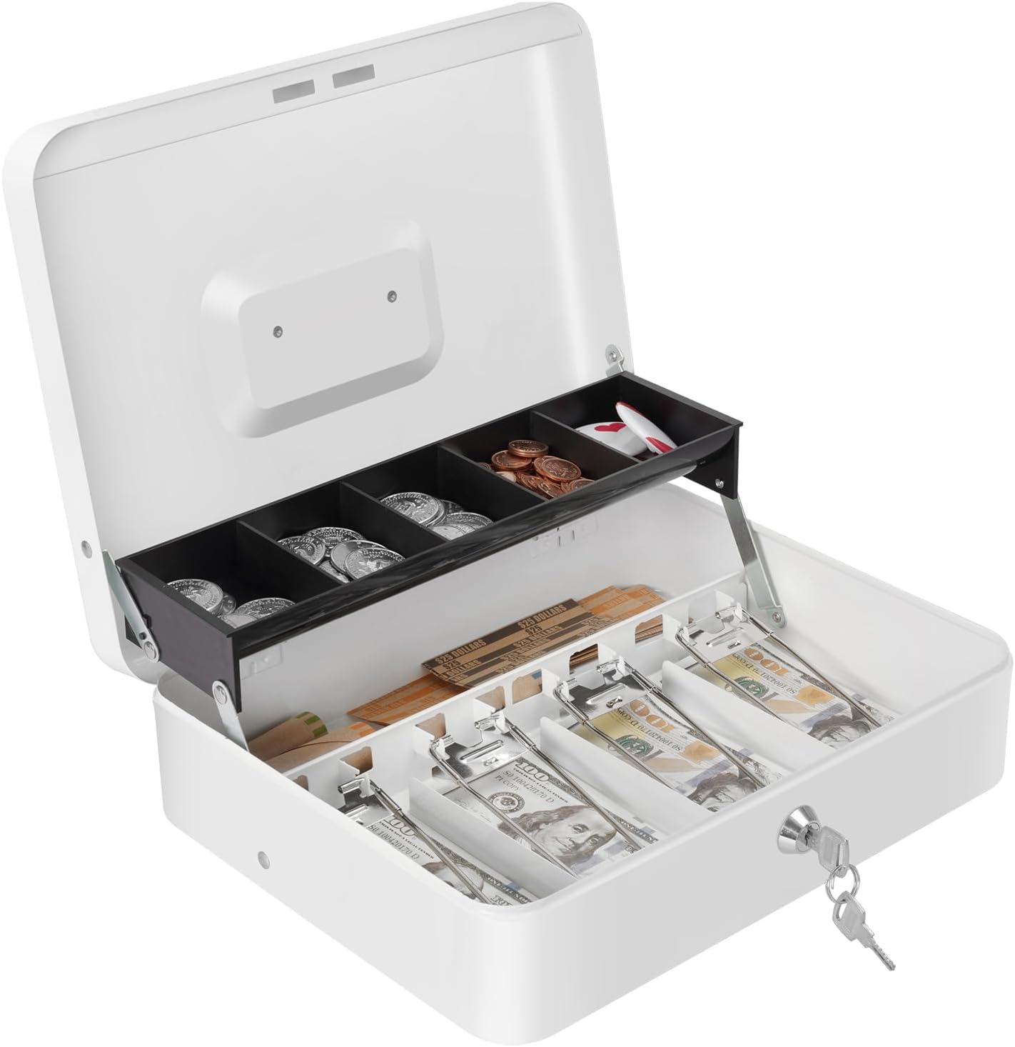 Cash Box with Money Tray and Key Lock, Large Metal Safe Money Box for Cash, Locking Money Saving Organizer, Lock Box for Money Storage 11.8"x9.45"x3.54" White XL Large